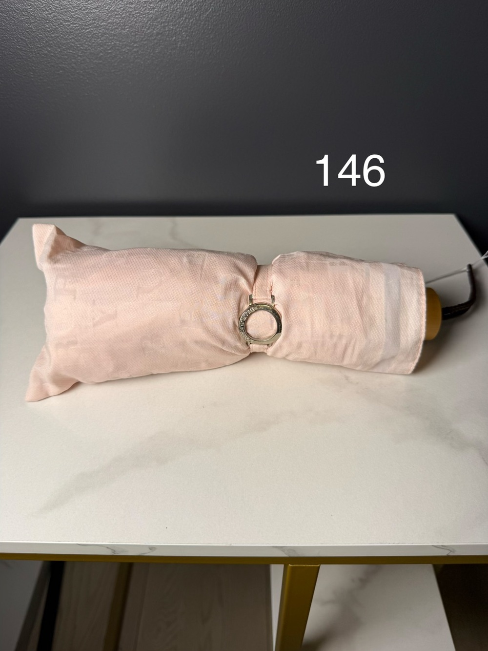 Burberry Light Pink Compact Umbrella with Silver Ring Accent